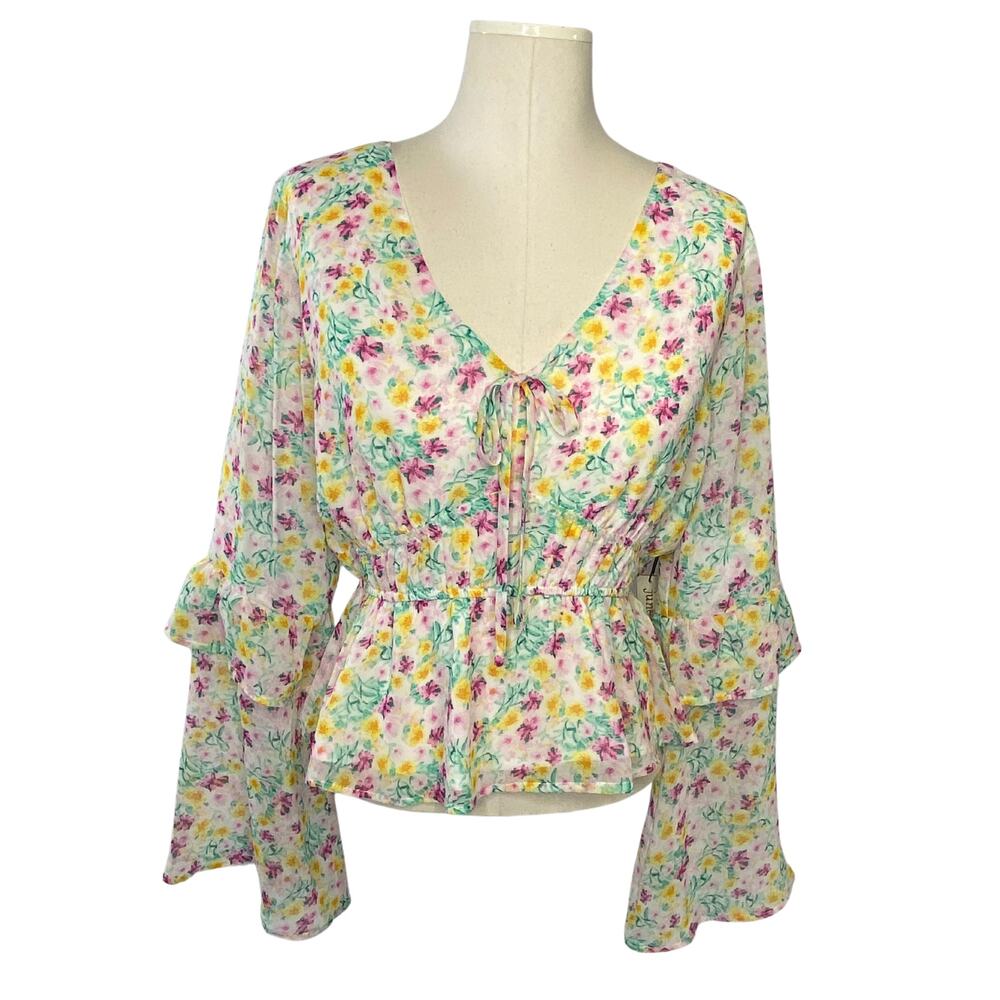 June & Hudson Floral Bell Sleeve Top Women's Size Large